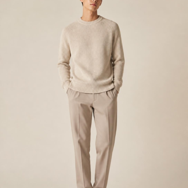 Homme portant un pull en maille laine recyclée, collection homme Etikashion