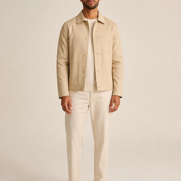 Homme portant une surchemise beige en coton sarja, collection homme Etikashion