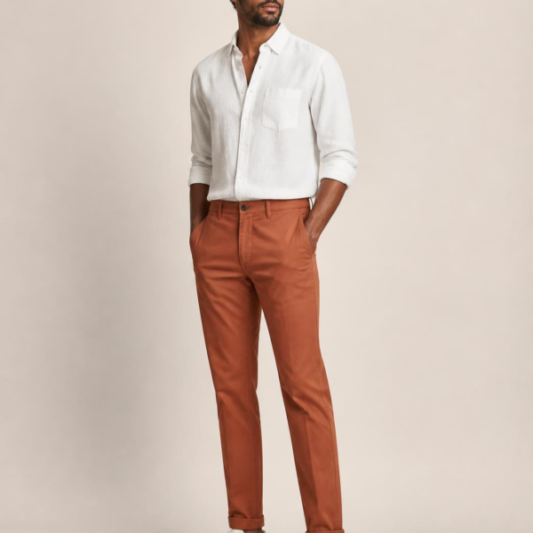 Homme portant un pantalon chino terracotta, collection homme Etikashion