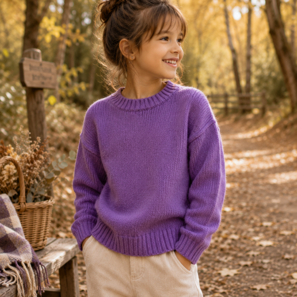 Fille portant un pull violet