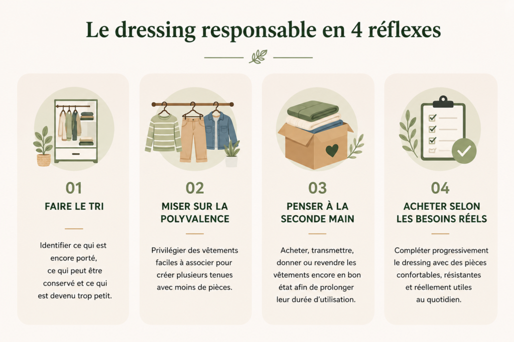 Les 4 réflexes pour un dressing enfant responsable : faire le tri, miser sur la polyvalence, penser à la seconde main et acheter selon les besoins réels.