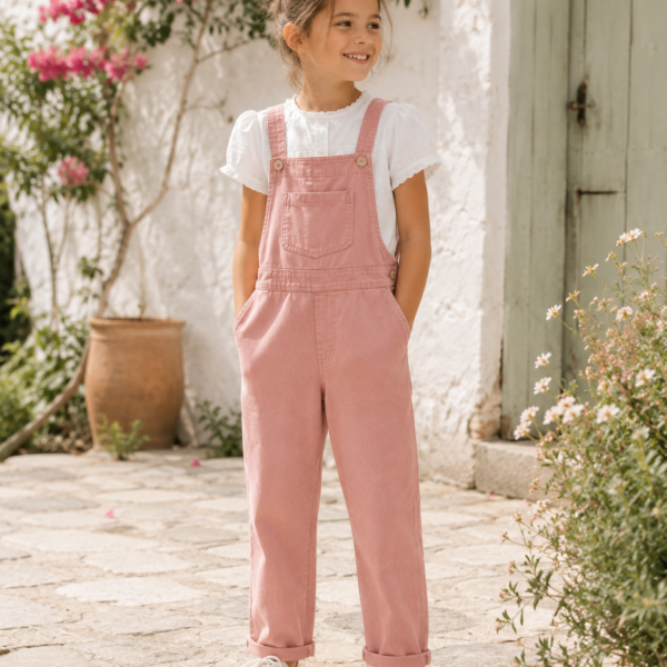 Fille portant une salopette rose