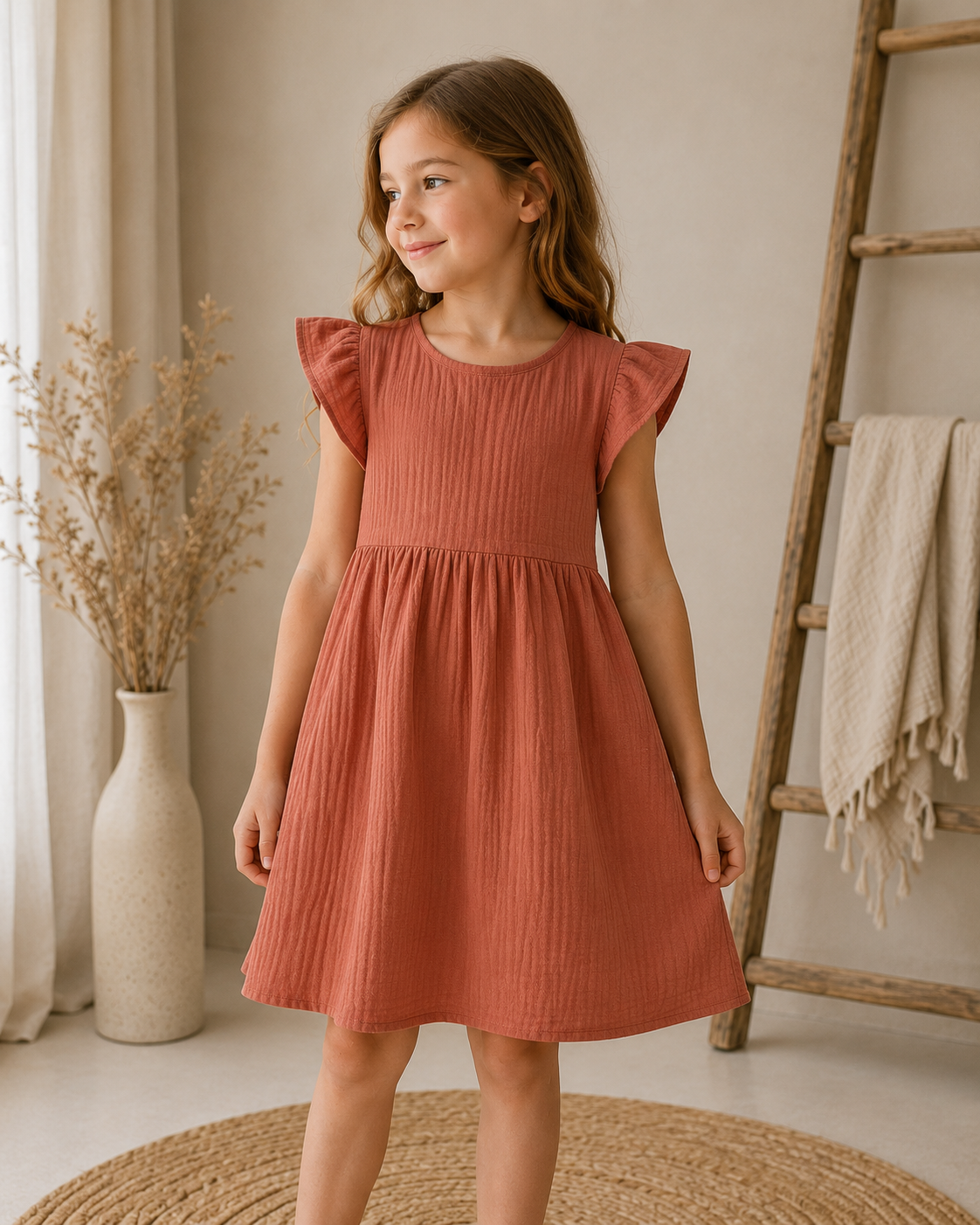 fille portant une robe terracota