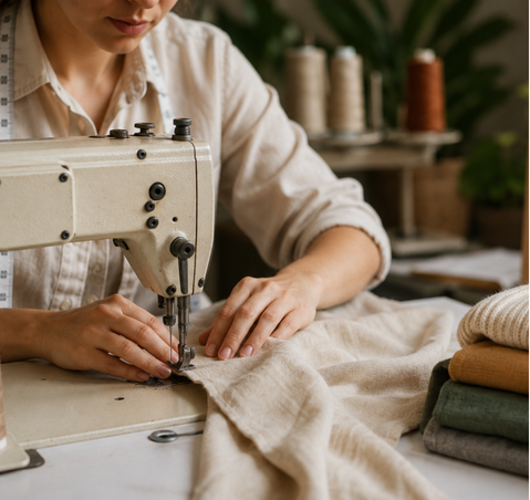 Artisan confectionnant un vêtement dans un atelier responsable