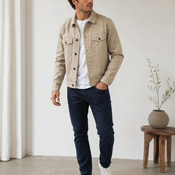 Homme portant la Veste Léo beige Etikashion